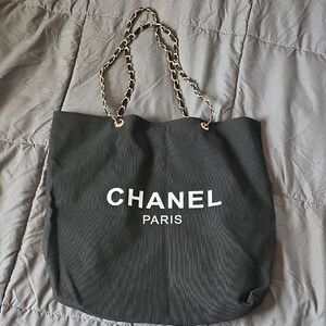 CHANEL Black Canvas Tote with Gold-Chain Handles